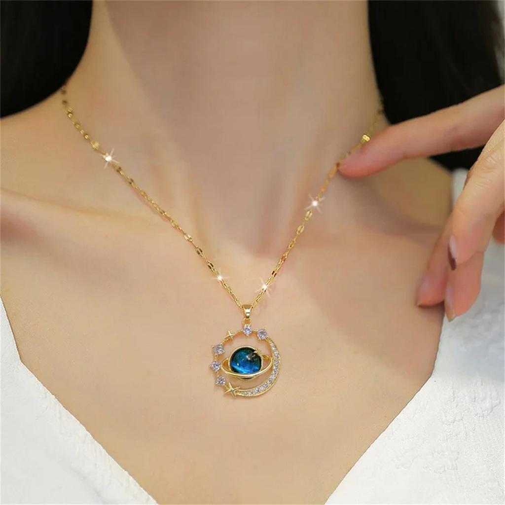 1Pcs Exquisite Starry Sky Planet Light Luxurious Temperament Gorgeous Necklace Star and Moon Versatile Stainless Steel Clavicle