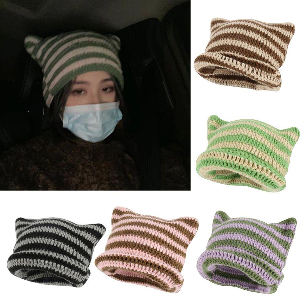 Pullover Women's Hats Autumn Winter Knitted Wool Cap Striped Japanese Beanie Hat Ins Little Devil