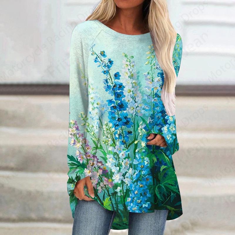 Футболки с 3D-принтом «Цветы и растения», женская модная футболка, топы с длинным рукавом, футболки с цветочным принтом, повседневная длинная туника, простой топ в стиле Харадзюку