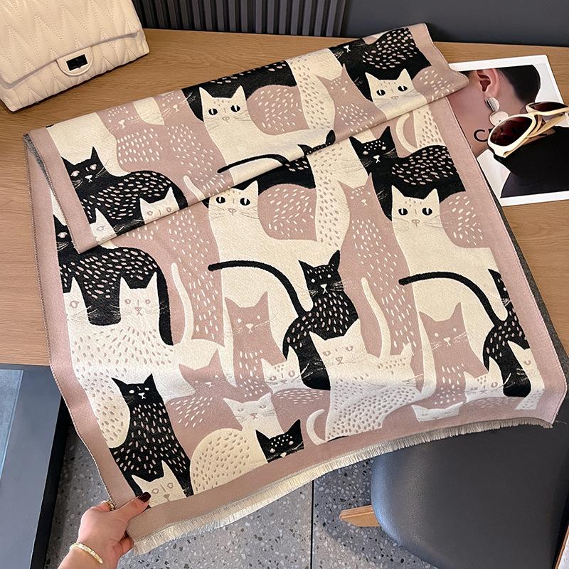 Cartoon Cat Contrasting Colors Double-Sided Imitation Cashmere Scarf Winter High-End Warm Shawl Women