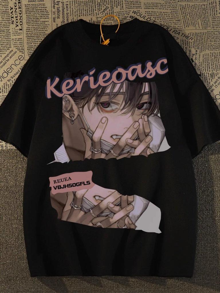 Унисекс Японская Ретро Аниме Мультяшная Свободная Футболка - Доступны Большие Размеры