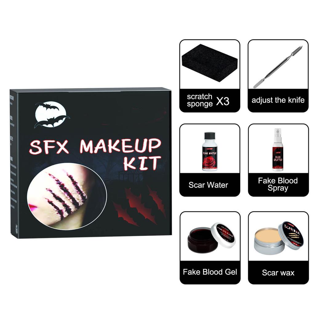 Halloween Makeup Kit with Fake Blood Scar Wax and Blood Spray Waterproof Washable Professional FX Makeup for Cosplay Costume Party Face Painting