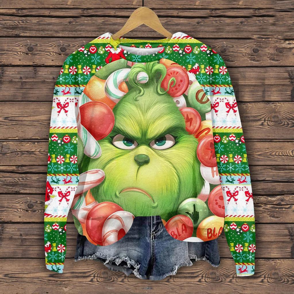 Женская мода повседневная толстовка с длинным рукавом и вставкой на плече с принтом на Хэллоуин с круглым вырезом