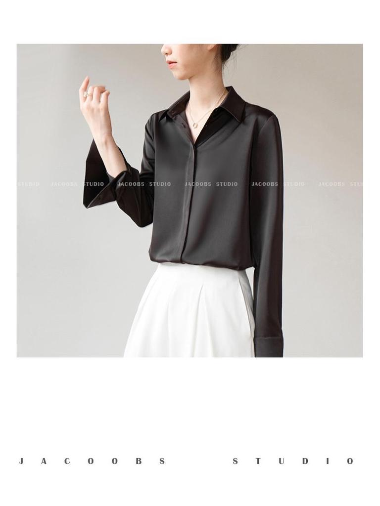 Women's Ash Blue Satin Long Sleeve Shirt - Retro Hong Kong Style, Spring Commute, Concealed Placket, Versatile Drapey Blouse