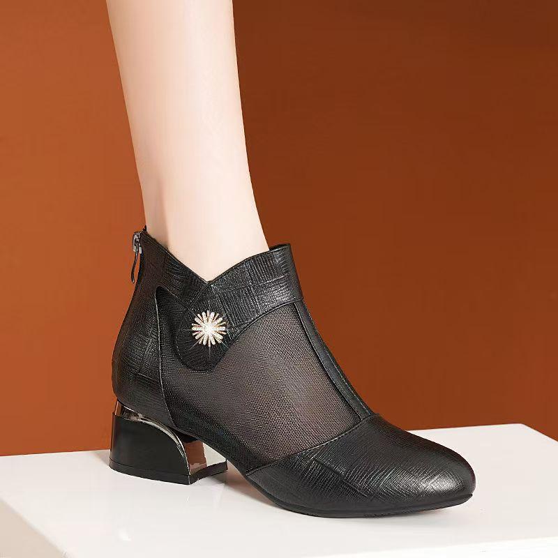 Женские Летние Новые Ботильоны на Блочном Каблуке Сетчатые Прохладные Ботинки Мягкая Подошва Нескользящие Высокие Дышащие Молнии Ботильоны на Низком Каблуке Сандалии с Открытым Носком