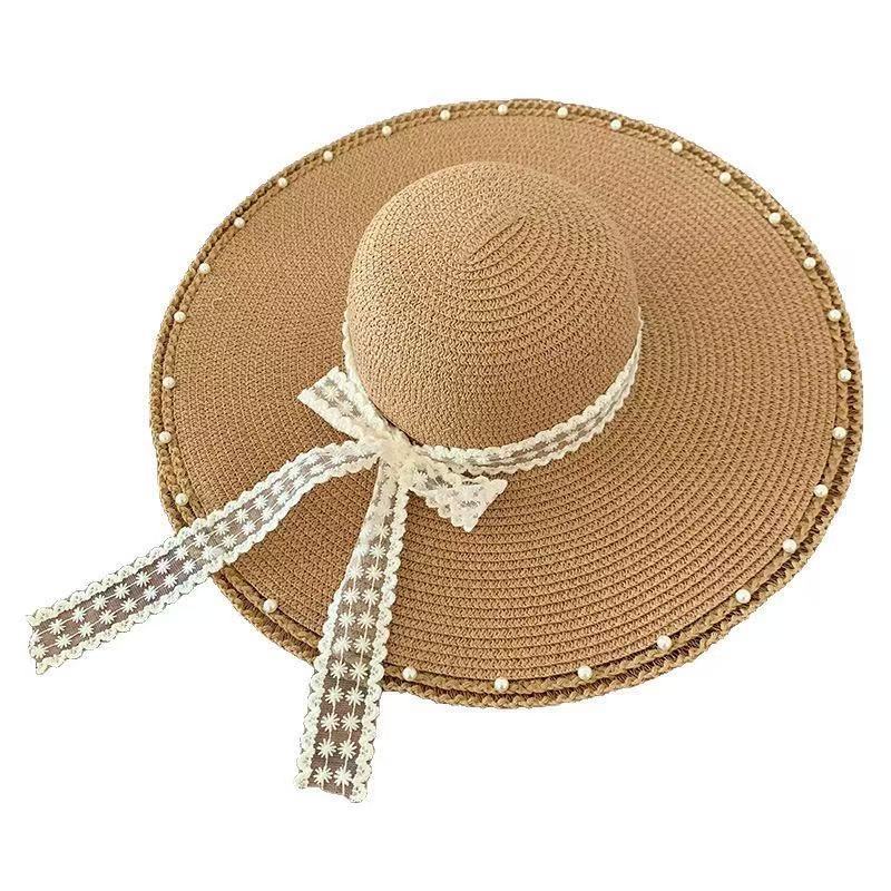 New bow lace straw hat women's summer seaside beach vacation sun hat large brim sun protection hat