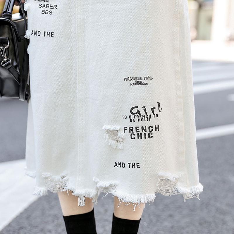 Женская джинсовая белая юбка трапециевидной формы с высокой талией больших размеров, женская длинная нижняя часть, весна-осень с принтом букв