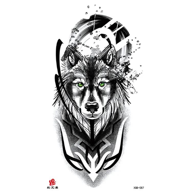 Маленькая водонепроницаемая временная татуировка на всю руку с головой волка, тигра и цветка, наклейка для боди-арта, рука для мужчин и женщин