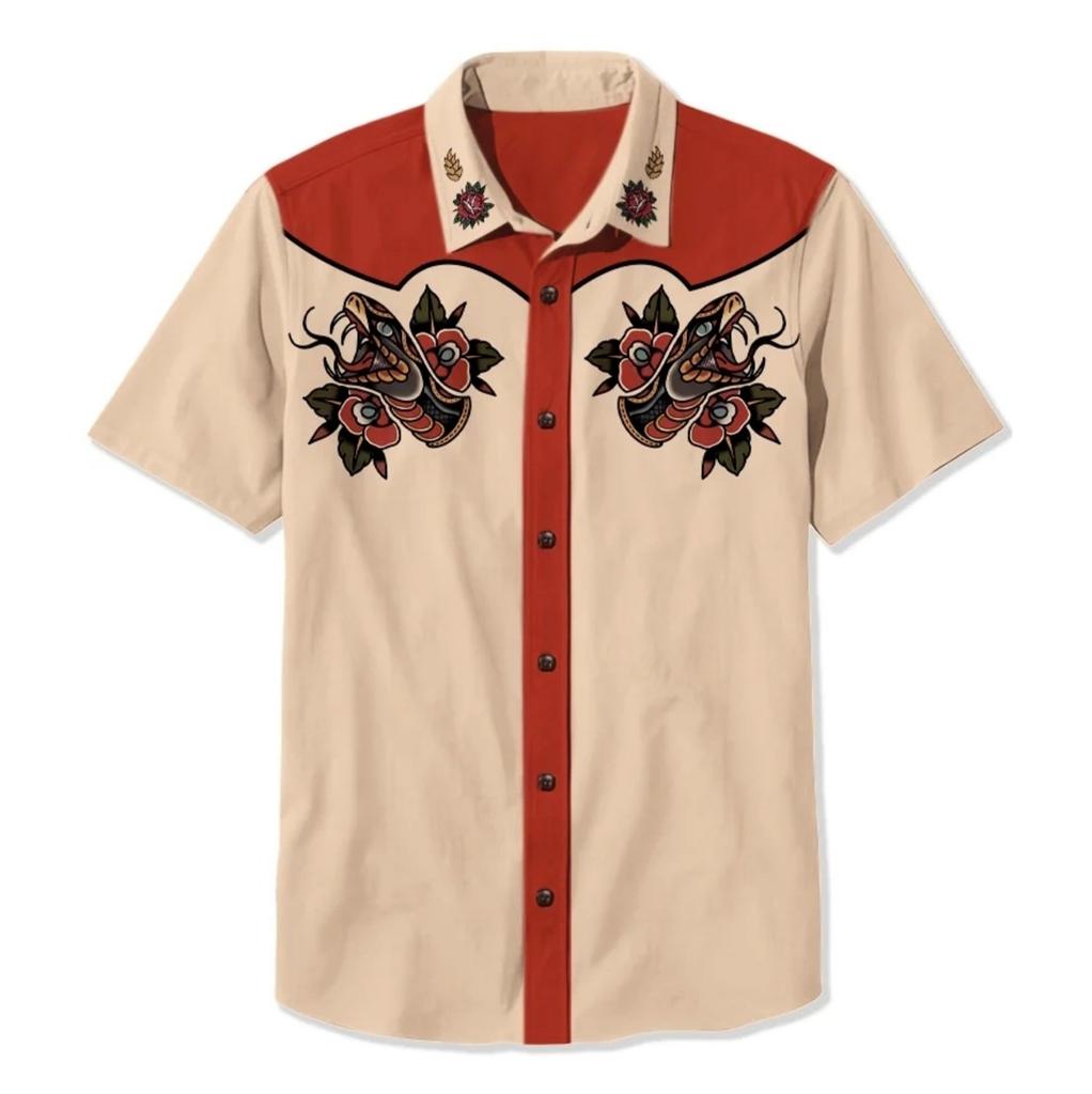 Летняя мужская рубашка в стиле вестерн с принтом в стиле отпуск, повседневная мужская рубашка с лацканами и короткими рукавами с 3D-принтом