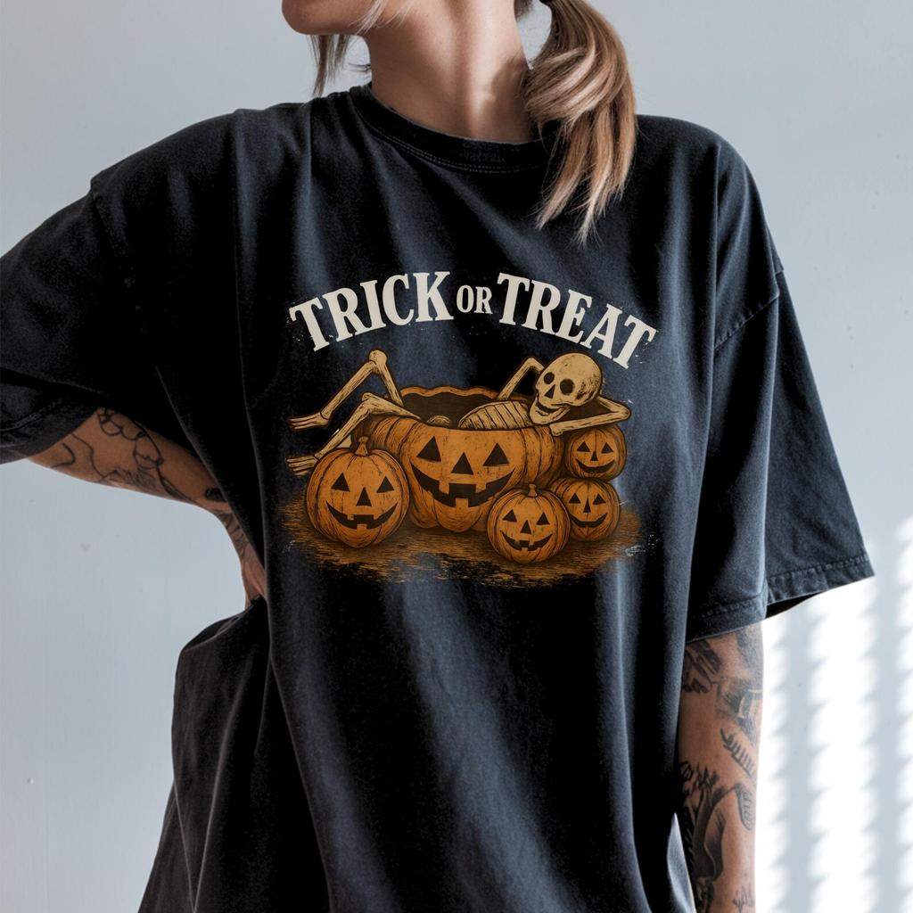 Trick Or Treat Skeleton In Pumpkin T-shirt | Comfort Colors 1717 | Halloween Jack O Lantern Tee | Spooky Fall Skeleton Graphic Shirt
