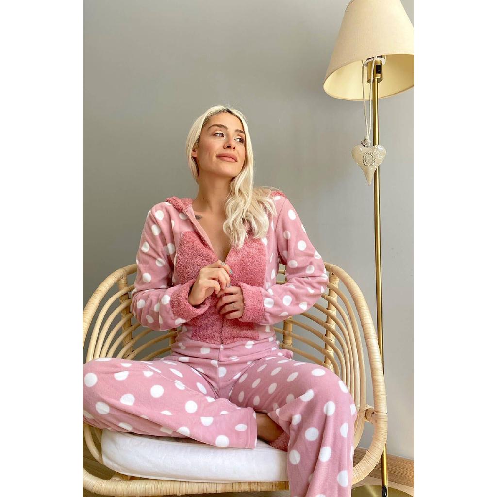 Серый женский флисовый плюшевый комбинезон с рисунком в горошек, пижама