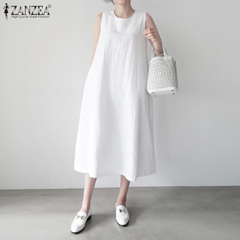 ZANZEA Женское повседневное повседневное однотонное платье без рукавов с круглым вырезом