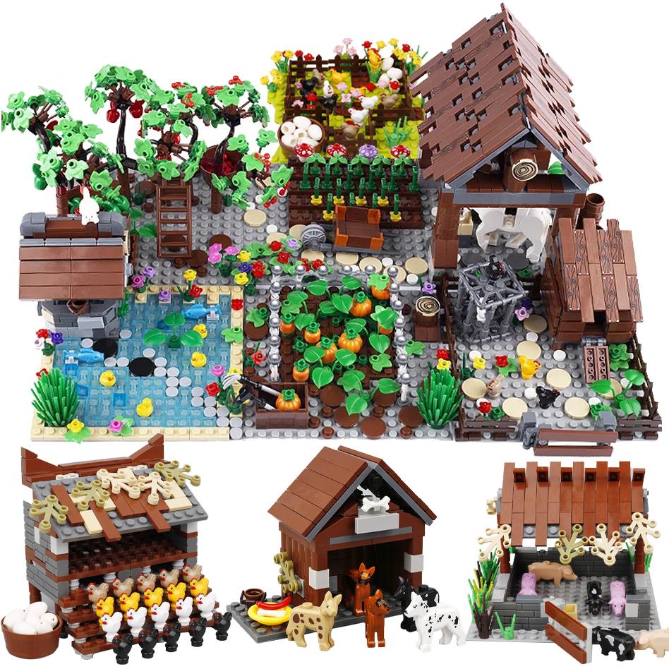 MOC Farm Building Blocks Pumpkin Patch Vegetable Transport Cart Water Wall Stable Pigsty Henhouse Kennel Bricks Toys Kids Gift