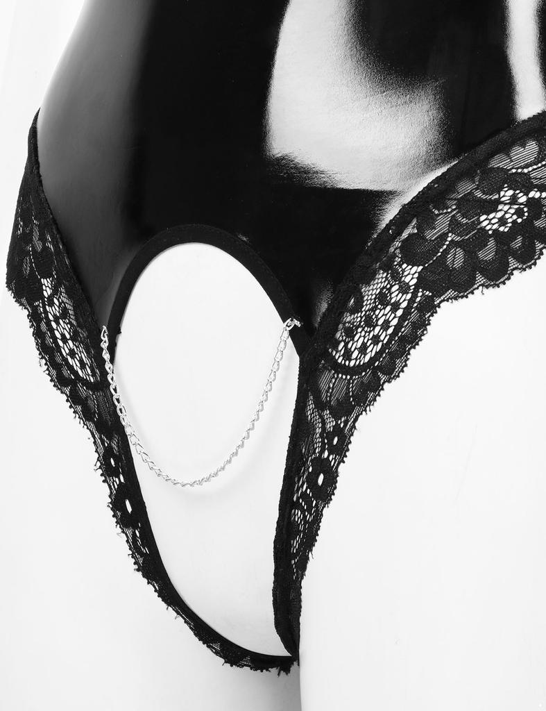 Женское цельное нижнее белье из лакированной кожи с мокрым эффектом, трико-боди без рукавов с высоким воротом и вырезами, кружевная отделка