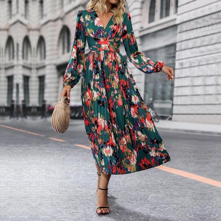 Elegant Women V-neck Chiffon Dress Long Sleeve High Waist A-Line Knee Length Print Winter Autumn