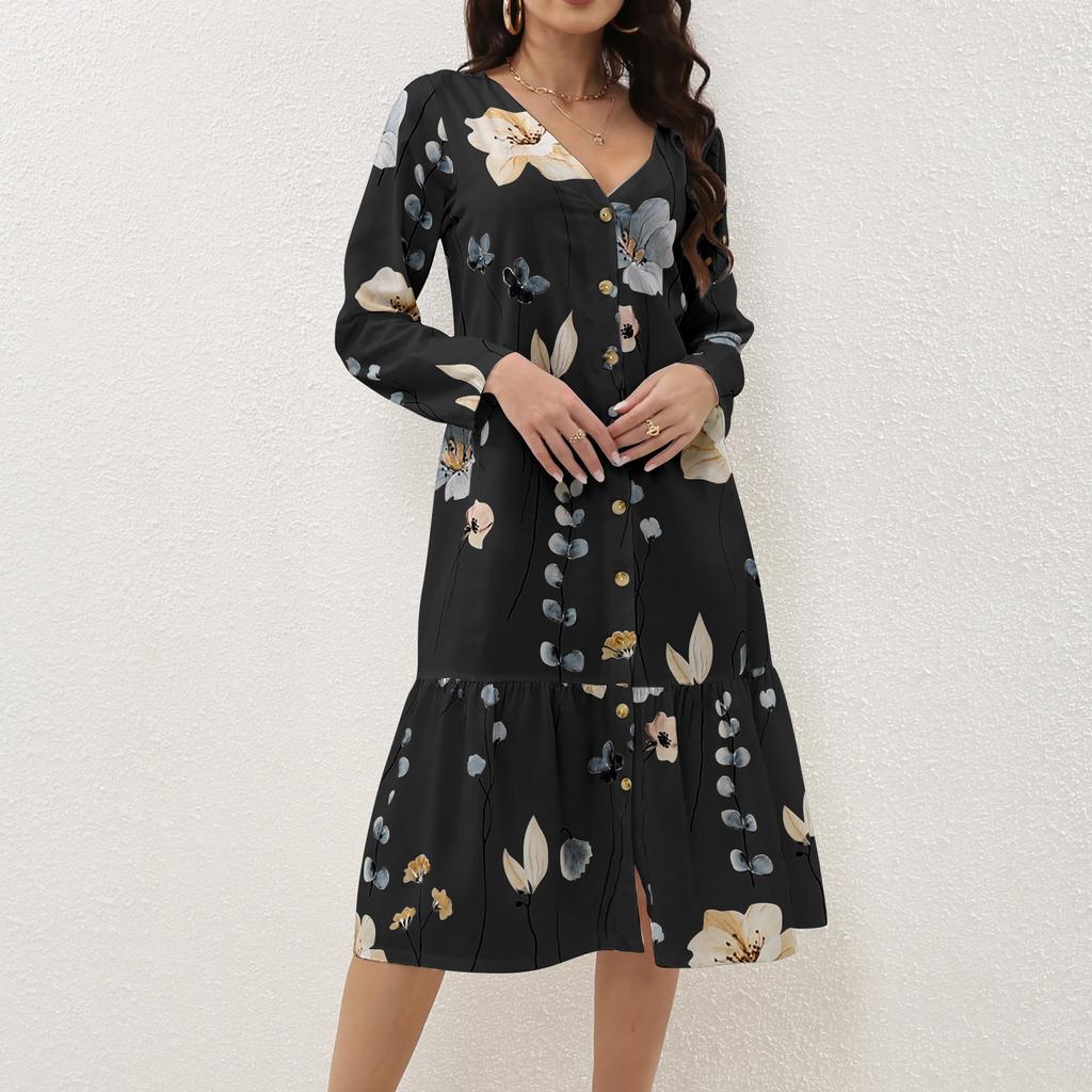 Женское повседневное однобортное платье с цветочным принтом, V-образным вырезом, длинными рукавами и карманами