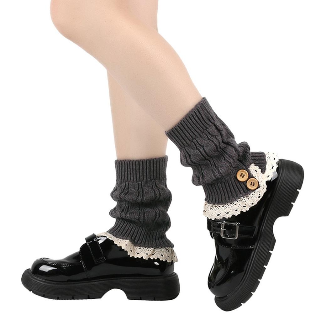 Women's Winter Loose Buttoned Leg Warmers With Lace Trim Knitted Wool Leg Warmers