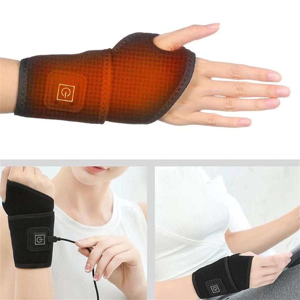 Electrically heated wrist brace with adjustable and breathable black strap for sports and hand joint protection tools