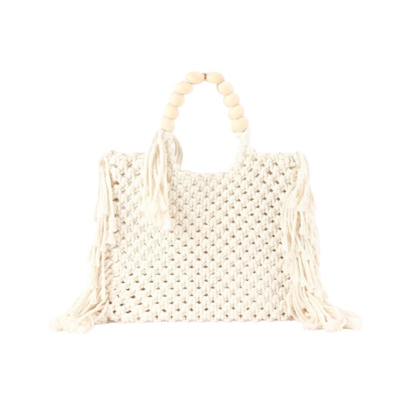 2025 Cotton Rope Handmade Woven Handbag for Women Trendy Bead Handle Hollow Out Design Tote Bag Versatile Shopping Bag