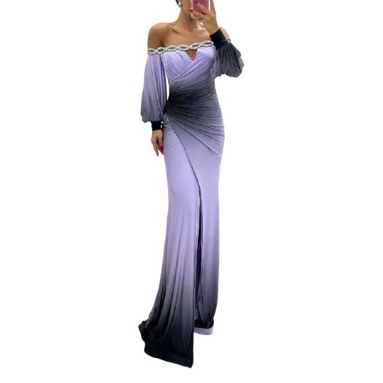 Женское вечернее платье с открытыми плечами, ажурное свадебное платье со стразами, обтягивающее плиссированное выпускное платье макси с длинными рукавами-фонариками и разрезом по низу, бальное платье