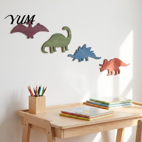 Dinosaur Wall Decor for Kids Bedroom 4Pcs/Set Wooden Room, Retro Stegosaurus Plesiosaur Animal Art Early Education And Pterosaur with Hanging