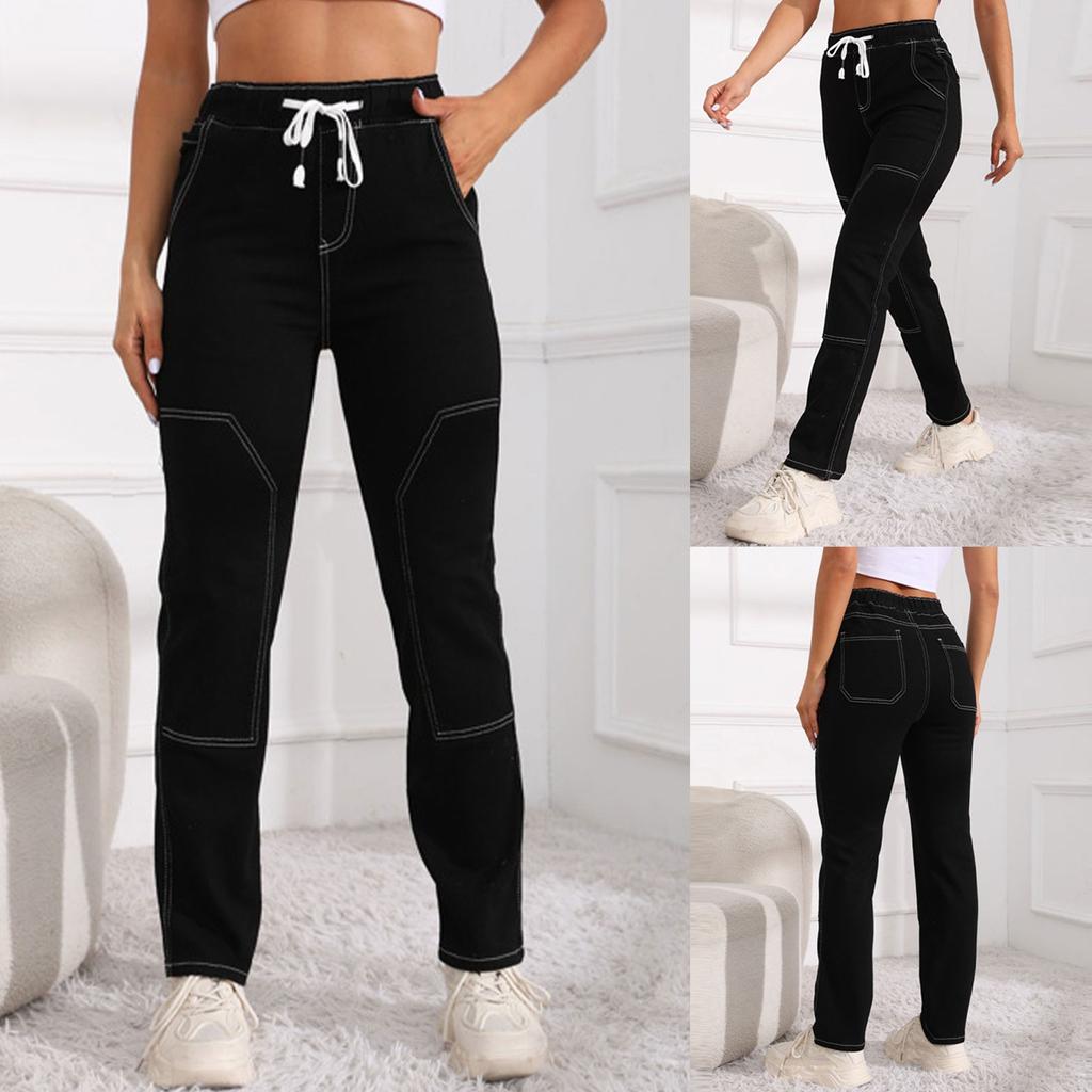 Girls Fashion High Waist Elastic Drawstring Elastic Waist New Fashion Straight Jeans