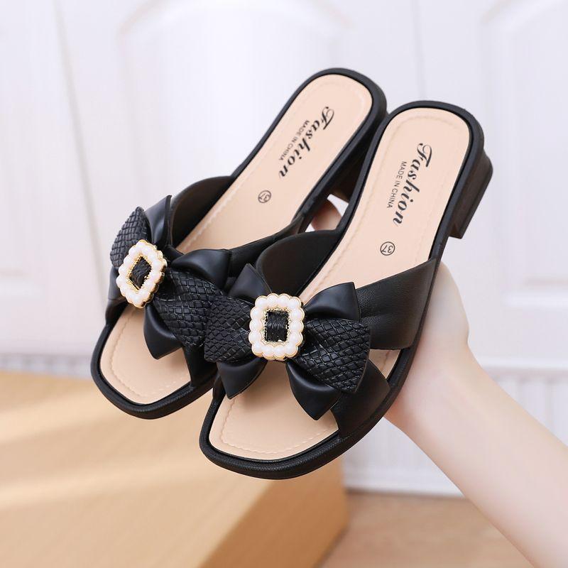 Sandals Slippers for Women Summer Fashion Thick Sole Non-Slip Bow Ladies Slippers Mid Heel Slides Outdoor