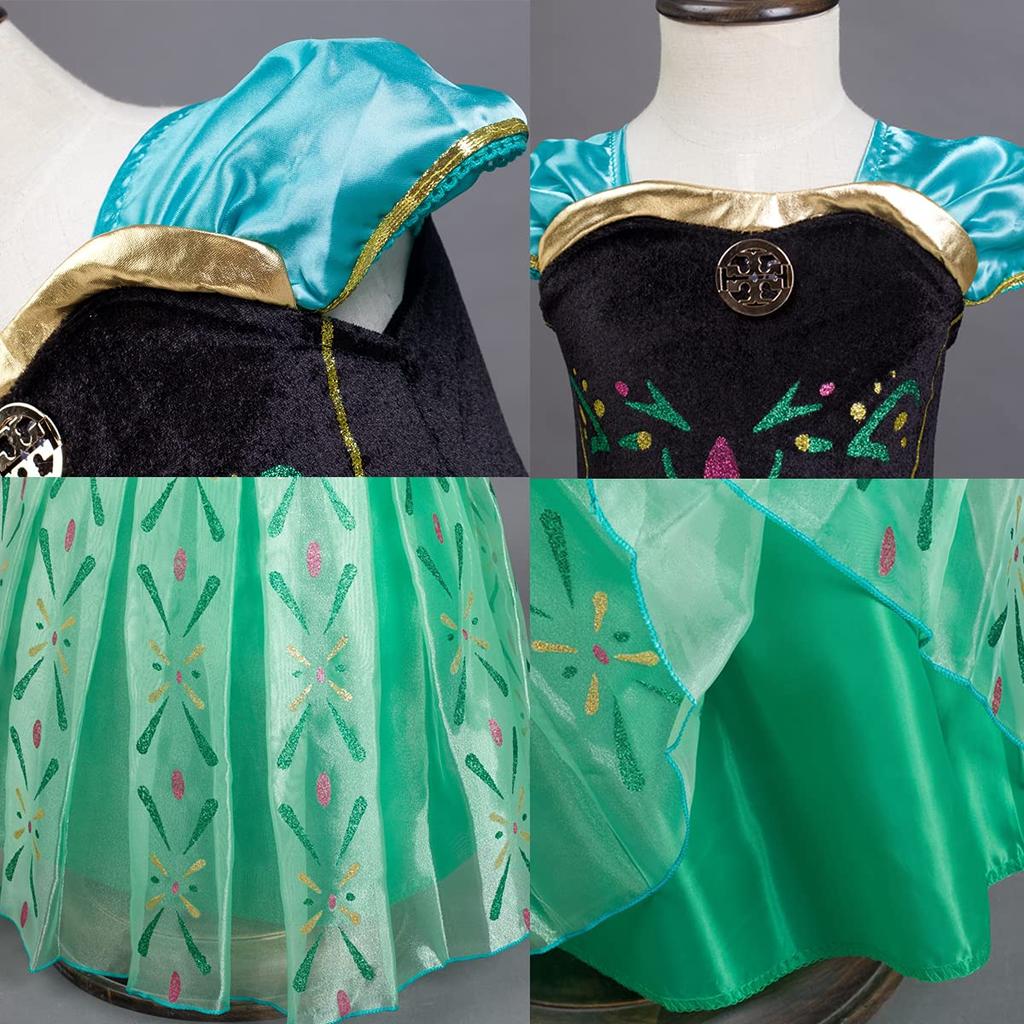 Детский костюм платья принцессы Эльзы Холодное сердце Платье Эльзы Роскошный набор Зеленое сердце Магическая коса [YITING] 5 предметов - (Платье принцессы, Тиара, Волшебная палочка, Перчатки, Парик)