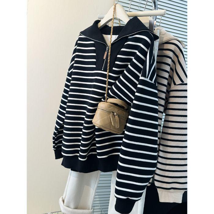 BF Полосатый флисовый свитшот с воротником поло - Женский осенне-зимний корейский стиль, повседневный топ на молнии до середины