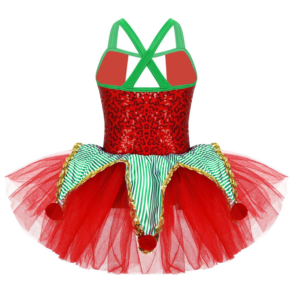 Платье для танцев для девочек, без рукавов, с перекрестной спинкой, застежка на пуговицах спереди, пайетки, декор плюшевыми помпонами, сетчатая юбка-пачка с оборками, костюм