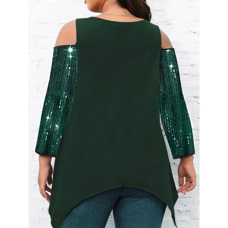 Весна Осень Уличный Стиль Ажурная Футболка с Пайетками Необычного Кроя Женская С Длинным Рукавом С Открытыми Плечами Пуловер Футболка Топ