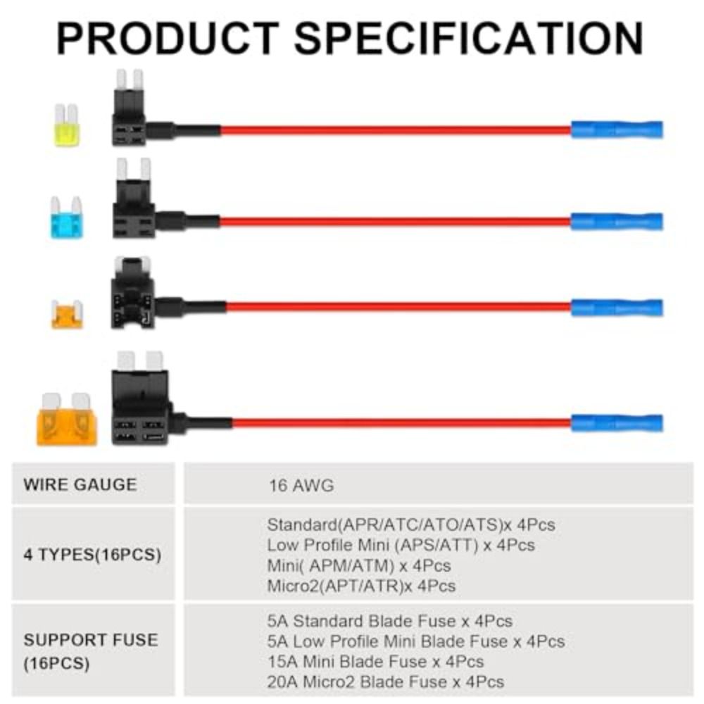 4 Types Low Profile Mini Fuse Taps Upgraded Fuse Adapter Jumper for Cars Trucks