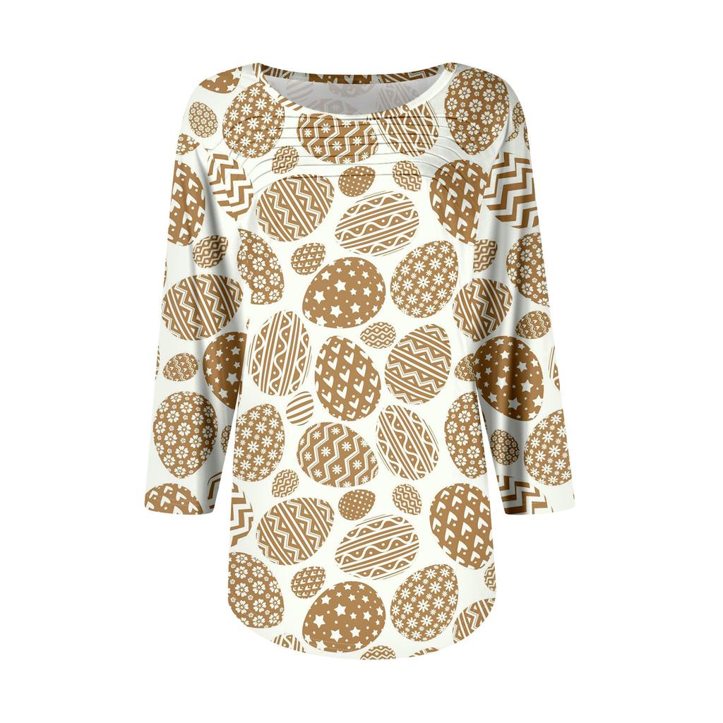 Женская мода круглый вырез шея плиссированная передняя планка с принтом рукав 3/4 топ