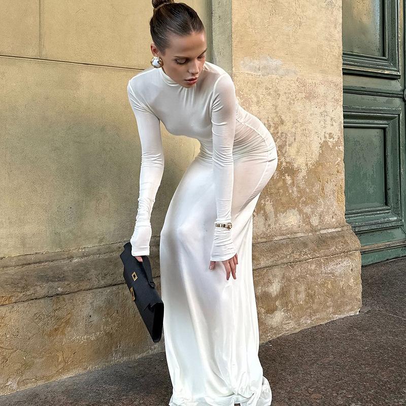 French Fashion Women's Autumn Slim Temperament Solid Color High Neck Long Sleeve Bag Hip Long Dress
