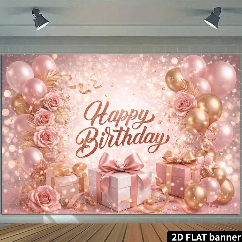 2D flat flour golden multi-piece gift balloons birthday background fabric, pink rose ribbon elements, soft polyester fabric