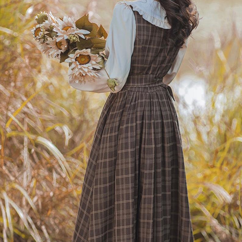 2 Piece Set Dark Academia Dress Double Check Tank Top Skirt and Long Sleeve Shirt Spring Cottagecore Dress French Dress