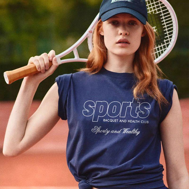 Women's Short-Sleeved T-shirt with Shoulder New Arrival Loose Leisure All-Matching Summer Sports Pure Cotton American Fashion Tennis Half Sleeve