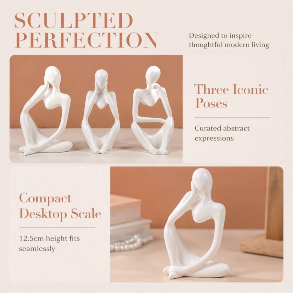 3pcs White Thinker Statue Lightweight Art Collectible Creative Abstract Sculpture Living Room Decor