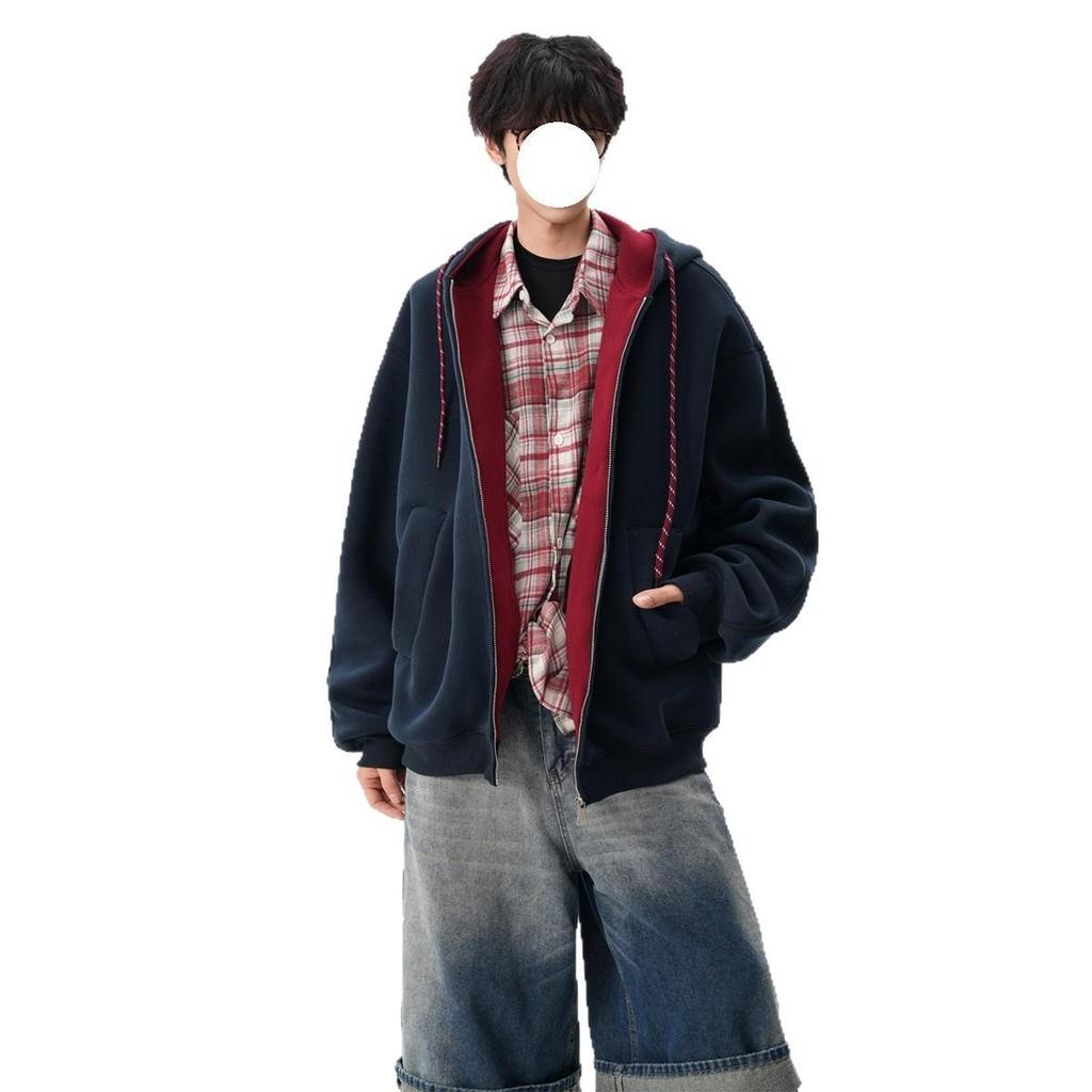 Унисекс худи колор-блок осенних цветов: Спортивная куртка свободного кроя в стиле колледжа на двойной молнии