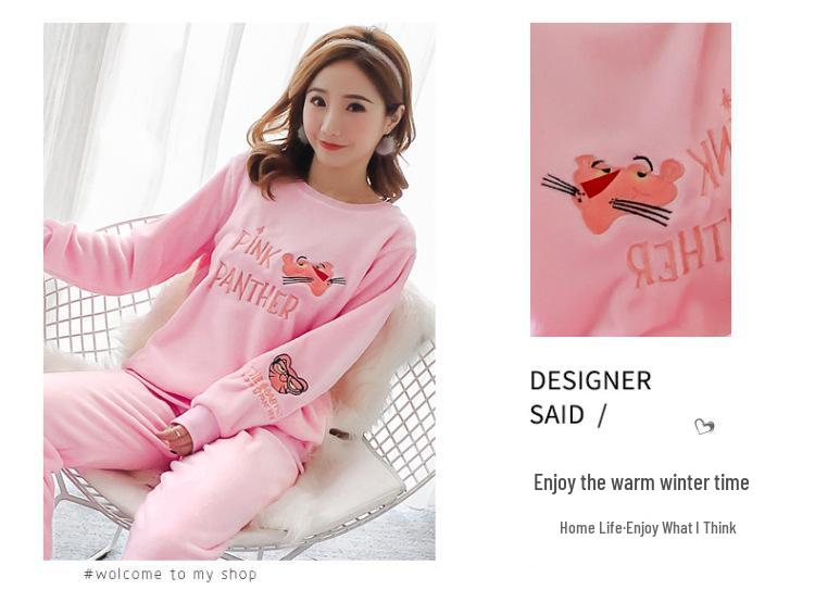 Women's Long-Sleeve Flannel Pajamas - Cute Cartoon Coral Fleece Set for Fall & Winter