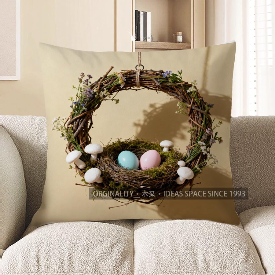 2D Wreath Nest With Eggs Floral Throw Pillow Pattern Cushion Cover Suitable For Sofa Bedroom Car Pillow Cover