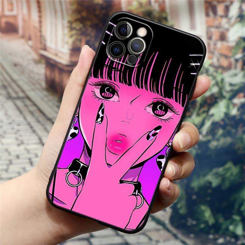 Супер милый чехол для телефона с аниме девушкой для iPhone14 13 12 11 PM Pro Max 8 7 SE XR XS Plus, черный мягкий силиконовый чехол Fundas Coques Shell