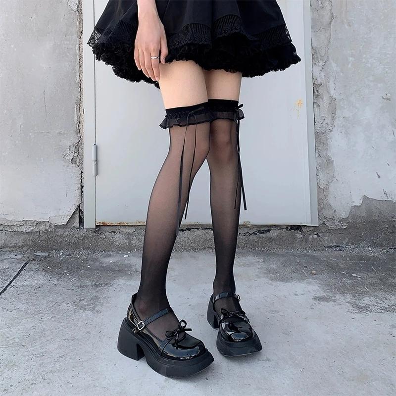 Черно-белые длинные носки с оборками для женщин и девочек, милые ультратонкие чулки JK Lolita, кружевные леггинсы выше колена с бантом