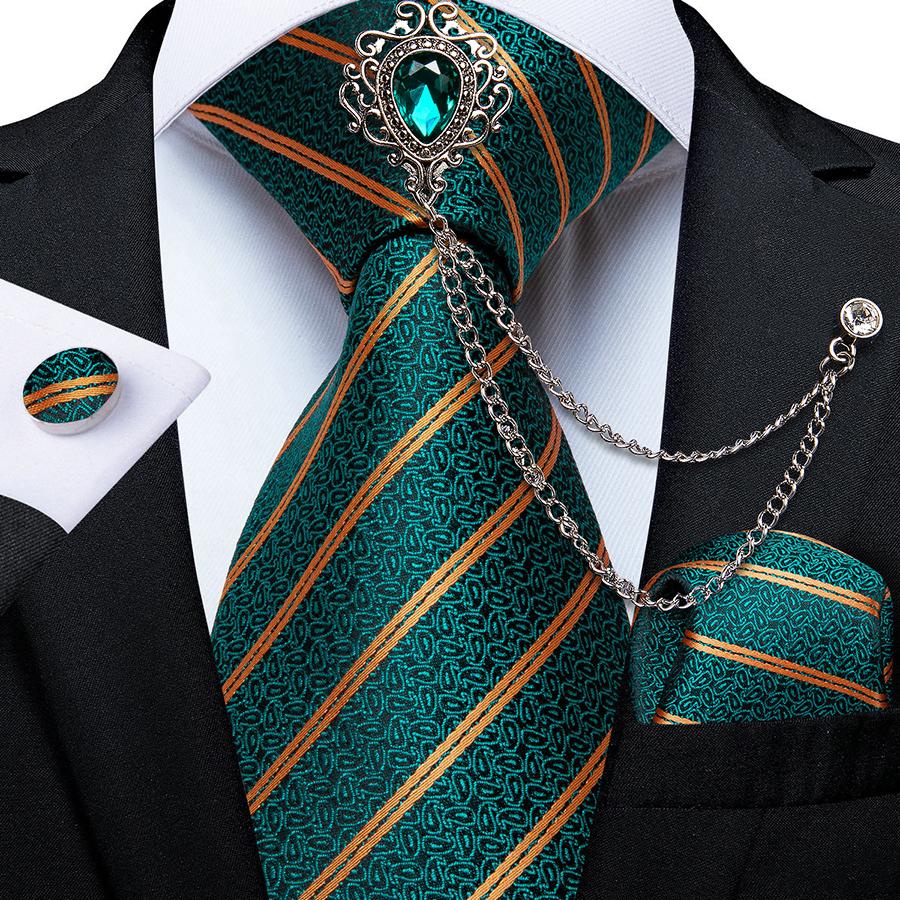 Dibangu Новинка, галстуки для мужчин, зеленый галстук с брошью, шелковый галстук, носовой платок, запонки, винтажные