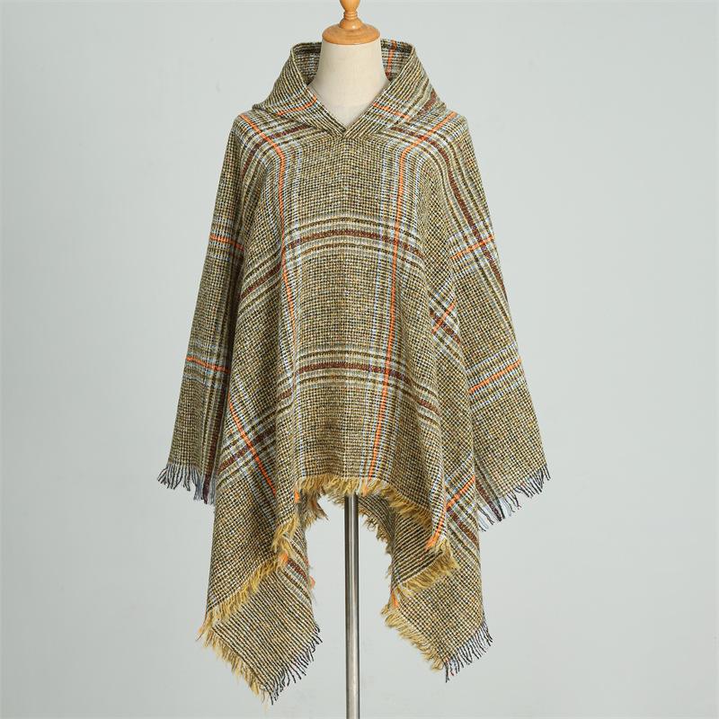 Накидка с капюшоном, клетчатый шарф, имитация кашемира, зимний с теплой шалью, пончо, накидка