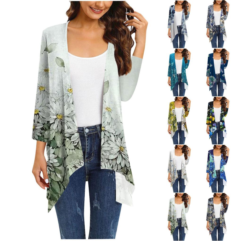 Women's Print Irregular Three-quarter Sleeve Cardigan With Pocket Jacket