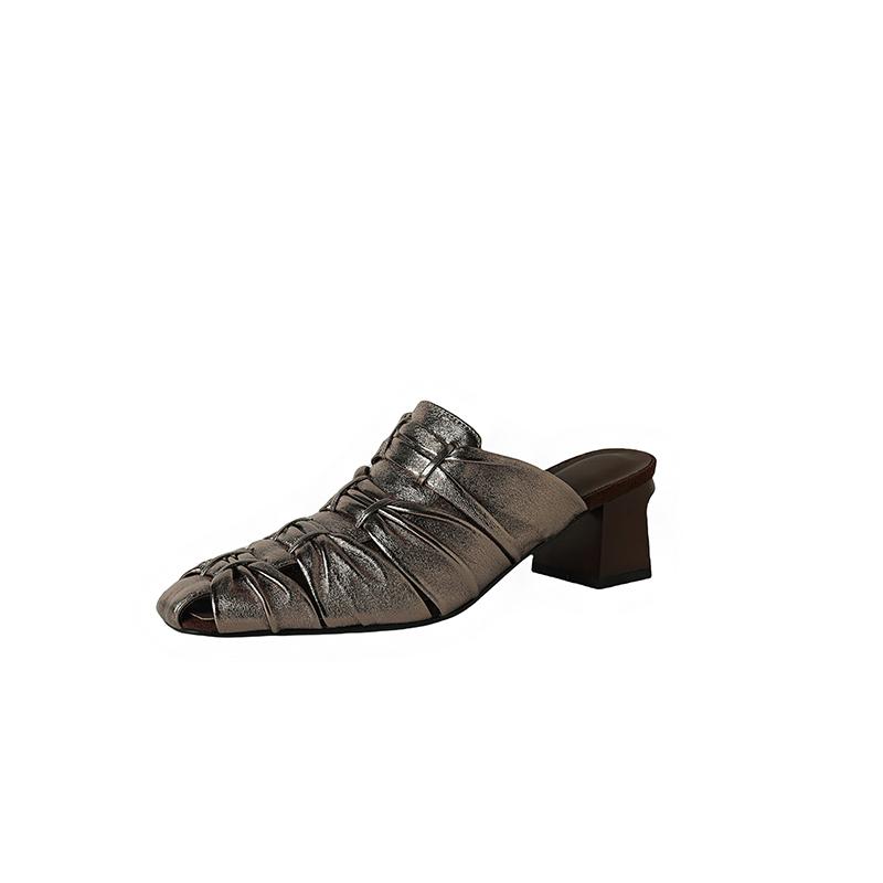 Мода 2025 Лето Новая Натуральная Кожа Ретро Полу-драг Мюли Женские Женские Высокий Каблук Квадратный Носок Повседневная Обувь Женские Шлепанцы