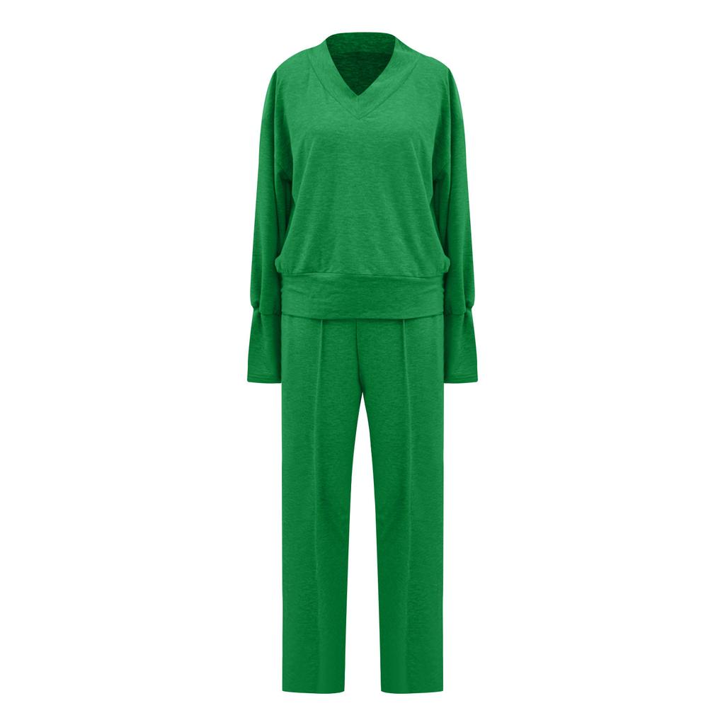 Женский повседневный комплект из двух предметов с V-образным вырезом и длинными рукавами, свободный топ и широкие брюки