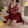 Women's Satin Lace Padded Backless Sleep Dress with Robe Lounge Set