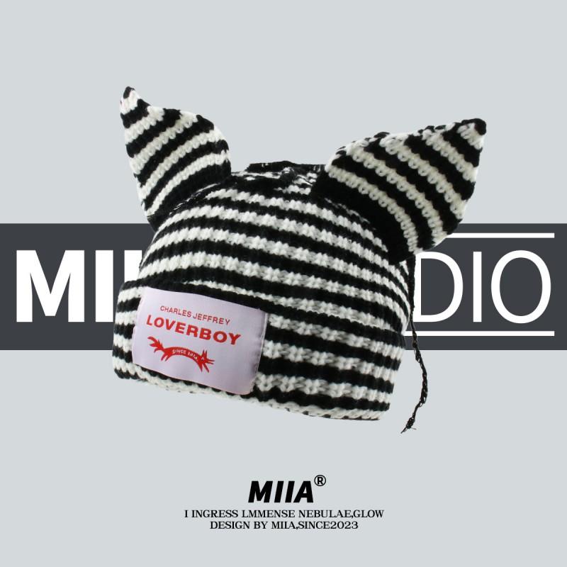 Womens Striped Knit Earflap Beanie Cute Cat Earmuff Hat Winter Warm Soft Pullover Cap